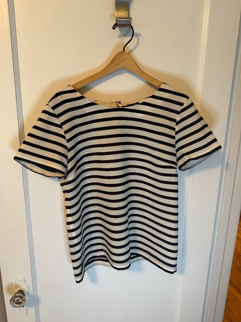 J Crew silky cream and black striped short sleeve blouse